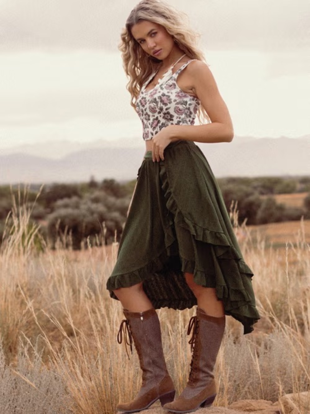 Joyfolie London Hi-Low Skirt in Olive Green